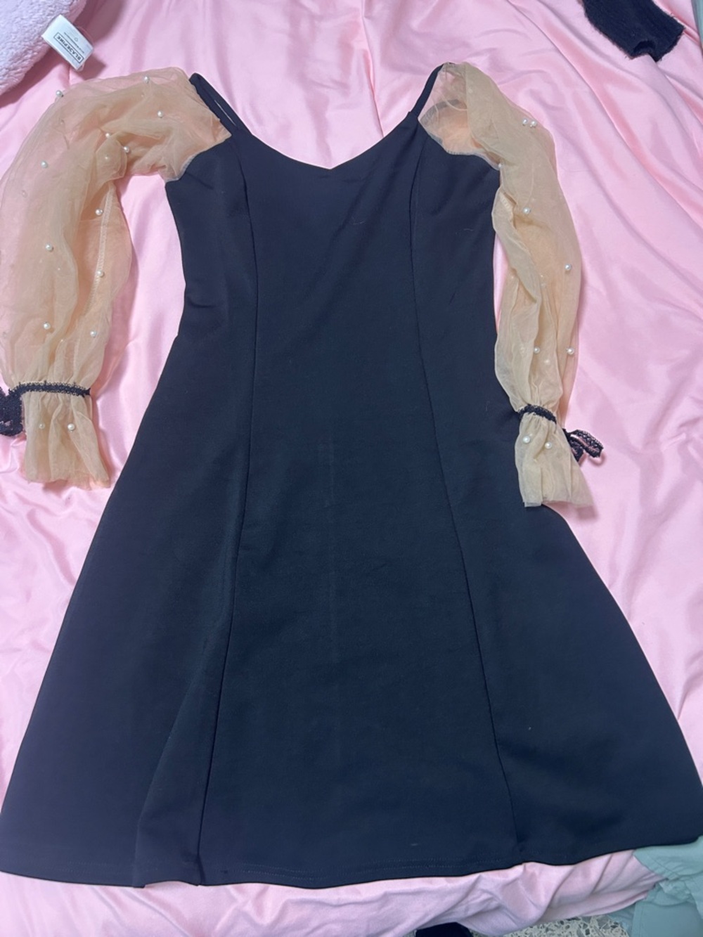 Ailun Black A-Line Dress with Sheer Beige Pearl-Embellished Sleeves